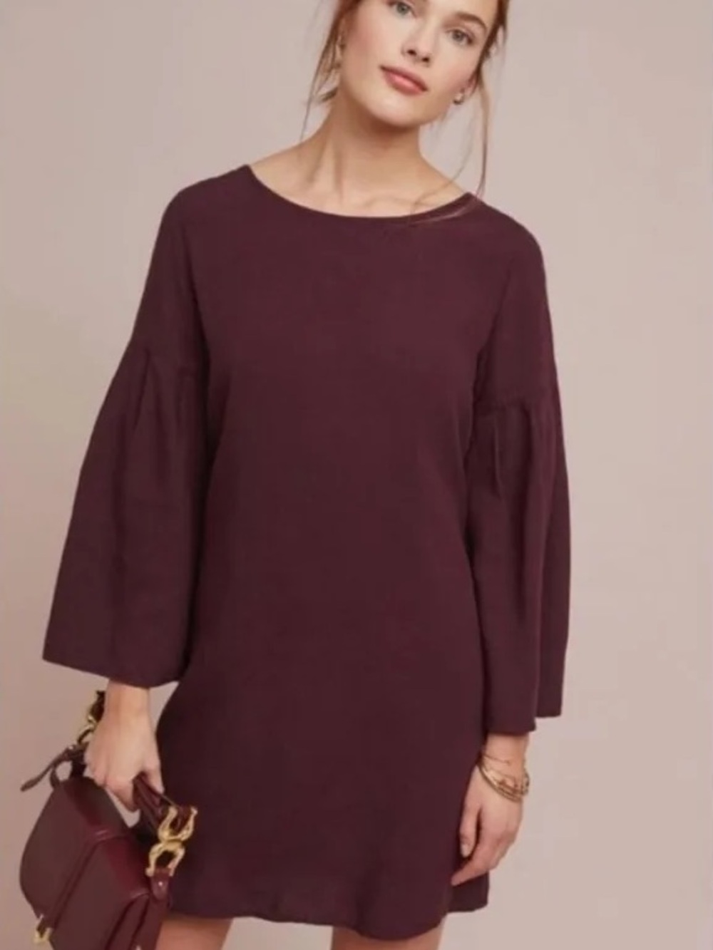Anthropologie Tiffany Tunic Bell-Sleeve Shift Dress in Eggplant